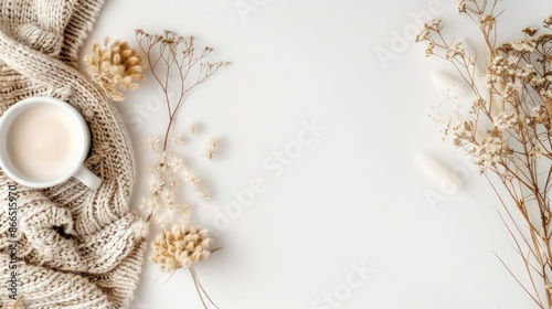 A white background with a white cup and a white blanket with flowers on it. The flowers are dried and the cup is filled with milk