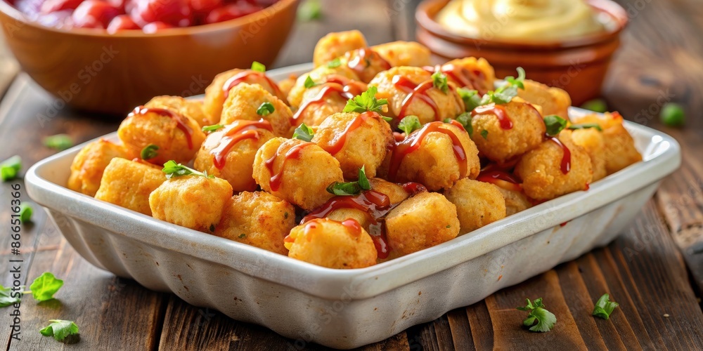 Plate of crispy tater tots garnished with herbs. Plate of crispy tater tots garnished with herbs.