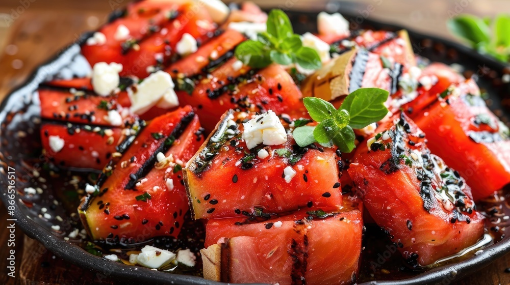 Grilled watermelon salad with feta cheese for summer