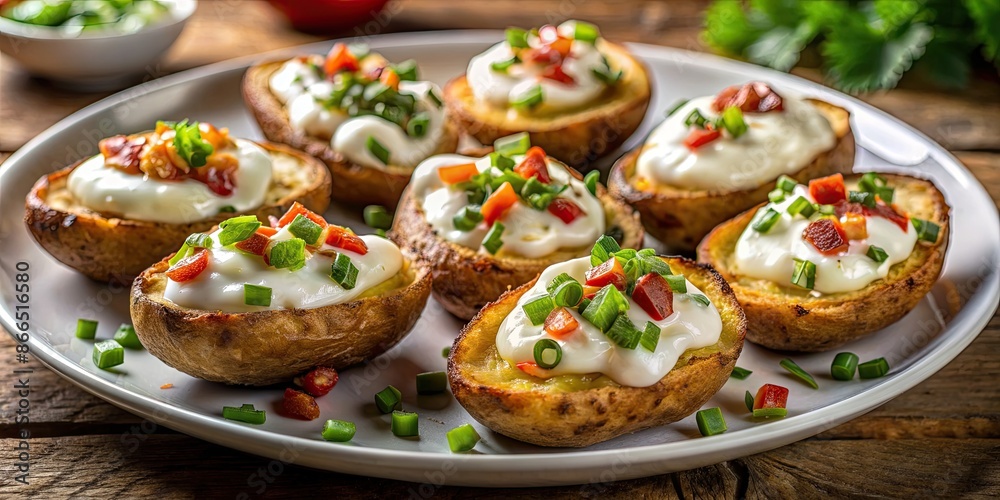 Twice-baked potatoes topped with sour cream and chives. Twice-baked potatoes topped with sour cream and chives.