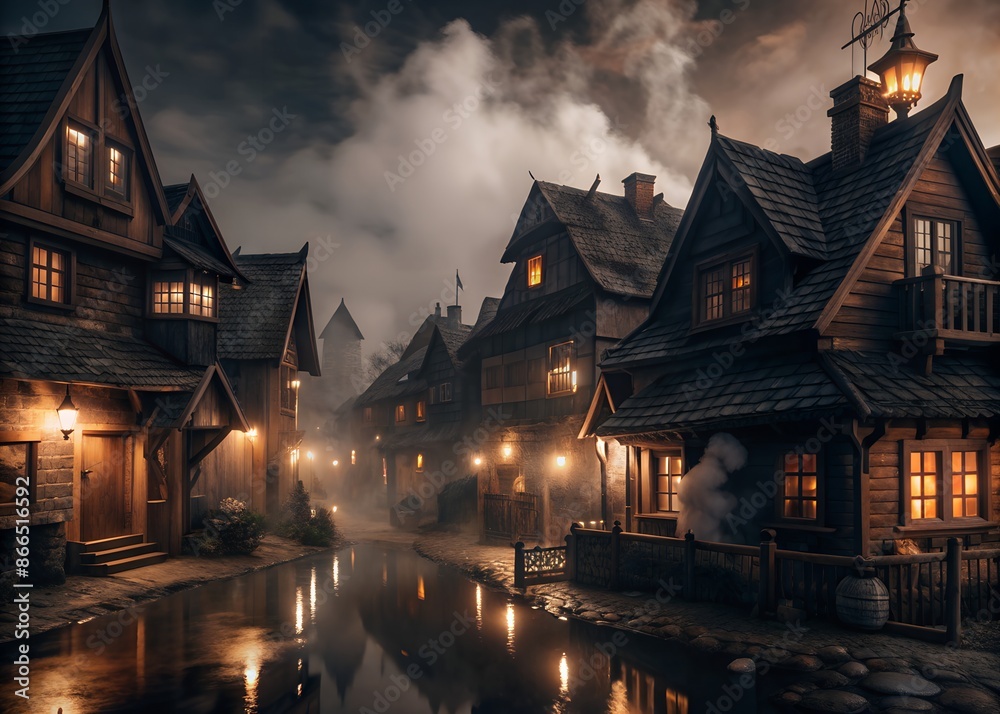 RPG fantasy world of a village shrouded in the fog of twilight RPG fantasy world of a village shrouded in the fog of twilight