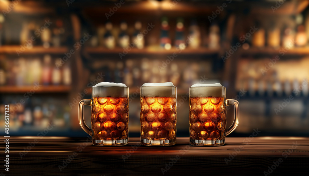 Three glasses of beer ale and lager in the bar , beer day, beer festival Three glasses of beer ale and lager in the bar , beer day, beer festival