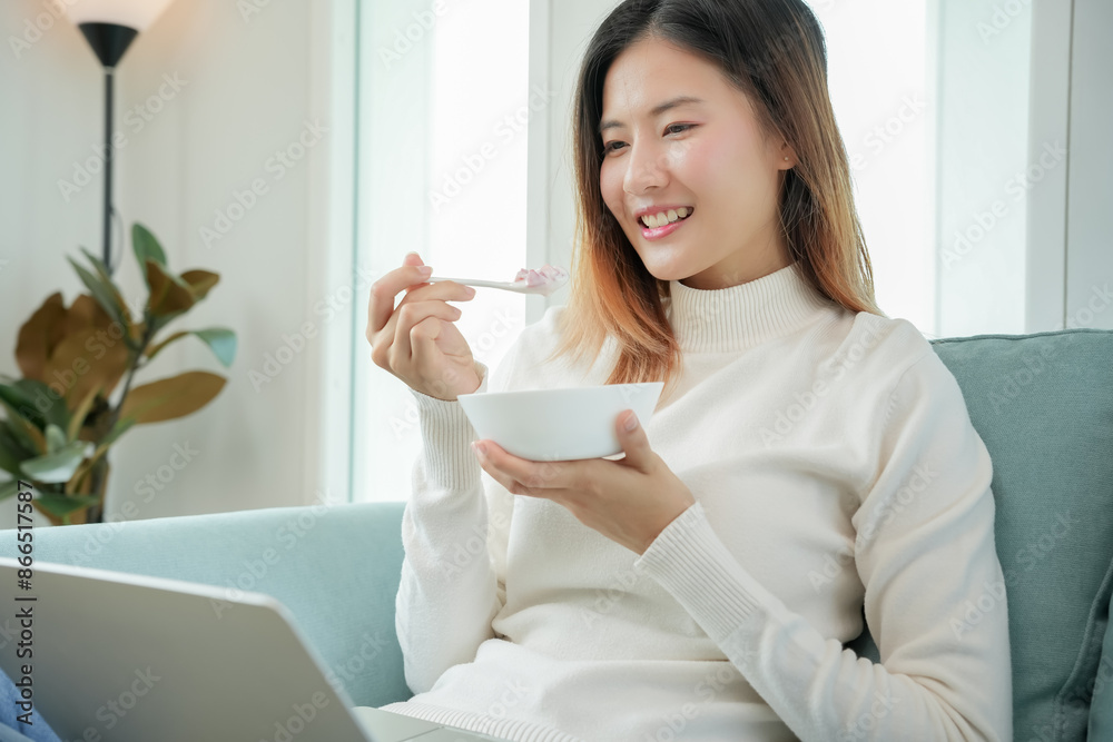 healthy food. Beautiful female girl enjoy eat yogurt, granola, fresh fruits on breakfast health in house. Happy young woman smile on morning good emotion. dieting, detox, diet, clean eat, vegetarian healthy food. Beautiful female girl enjoy eat yogurt, granola, fresh fruits on breakfast health in house. Happy young woman smile on morning good emotion. dieting, detox, diet, clean eat, vegetarian
