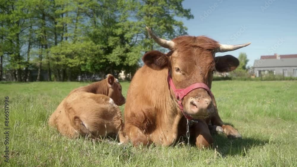 A caring mother cow and her adorable calf rest peacefully side by side ...