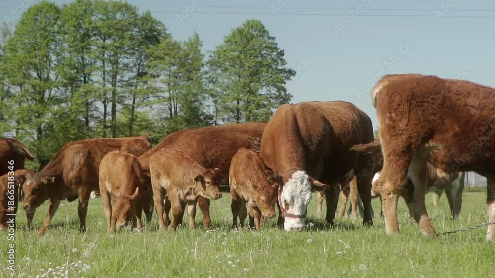 Domestic cows with young calves are eating grass in a meadow. A herd of beef cows of the Limousine breed graze on a rural pasture. Livestock are fed on free grazing. Animal husbandry in agriculture. Domestic cows with young calves are eating grass in a meadow. A herd of beef cows of the Limousine breed graze on a rural pasture. Livestock are fed on free grazing. Animal husbandry in agriculture.