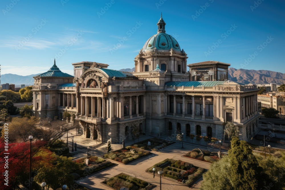 La Moneda Palace in Santiago, Chile, under blue sky., generative IA
