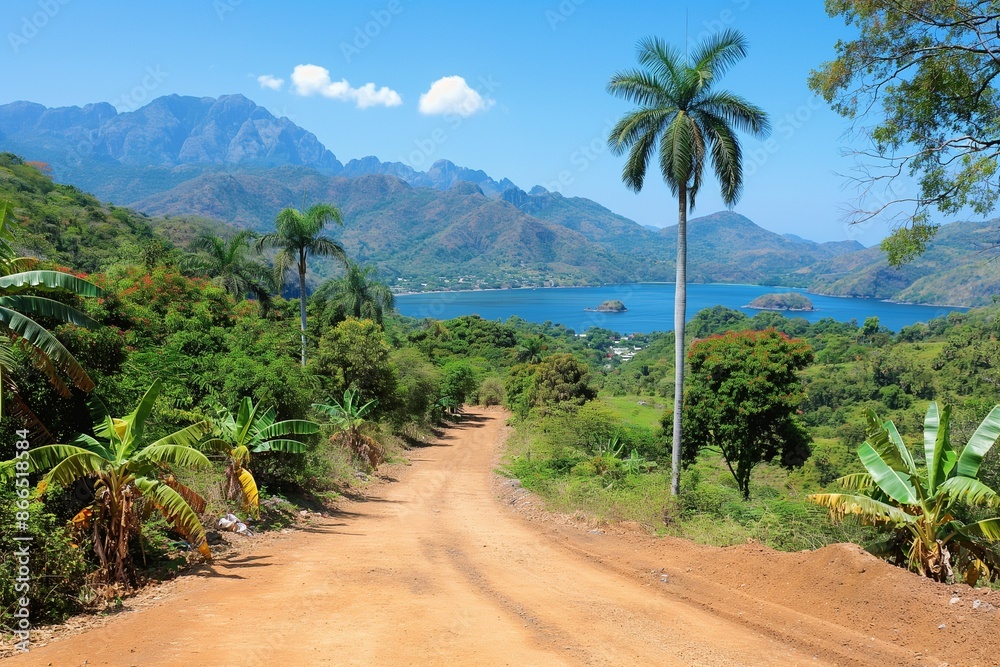 Serene Tropical Landscape with Dirt Road and Scenic Mountain View Serene Tropical Landscape with Dirt Road and Scenic Mountain View