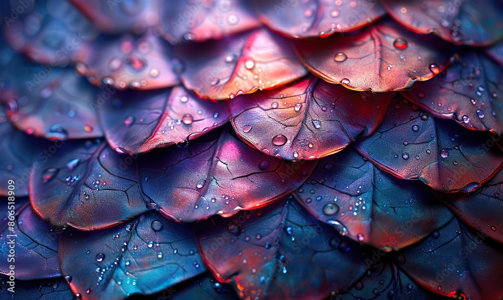 Fototapeta premium Metallic, iridescent fantasy scales shimmer in hues of purple and blue, their smooth, glossy texture resembling the exquisite scales of dragons or mermaids.