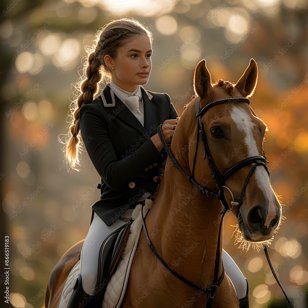Obraz premium Rider patting horse affectionately.