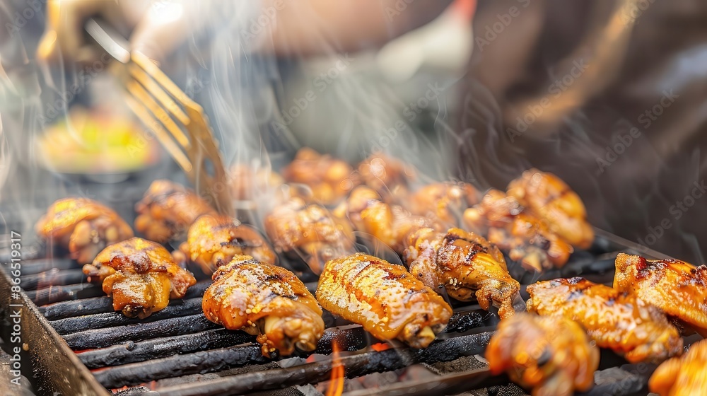 Grilling chicken wings over an open flame. Grilling chicken wings over an open flame.
