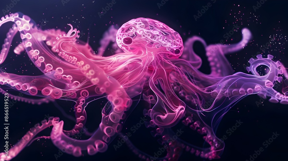 Luminous Octopus Dances Amidst Cosmic Splendor in the Depths of the Ocean Luminous Octopus Dances Amidst Cosmic Splendor in the Depths of the Ocean