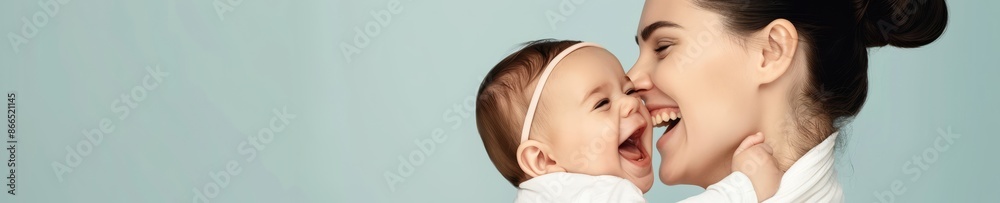 Fototapeta premium Happy mother holding and playing with her baby daughter against a light background, expressing love and joy. Perfect image for family and parenting themes.