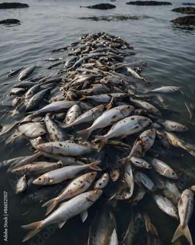 Hundreds of dead fish floating with plastic waste and polluted in the sea. AI Generative.