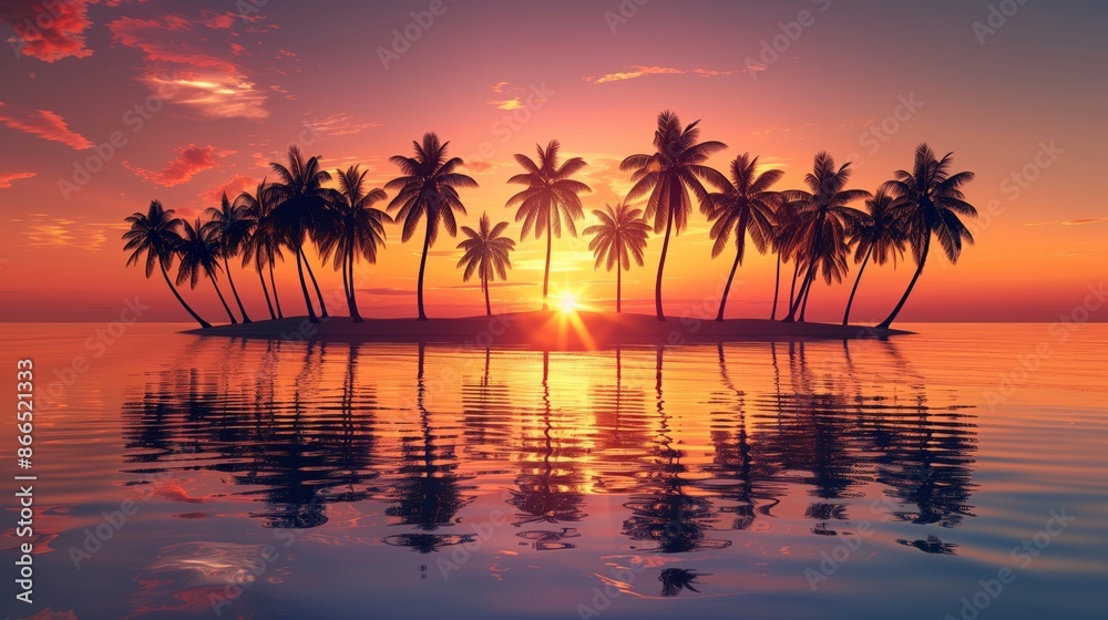 Photography, serene beach scene with silhouettes of palm trees and vibrant sunset reflections on calm water. Photography, serene beach scene with silhouettes of palm trees and vibrant sunset reflections on calm water.