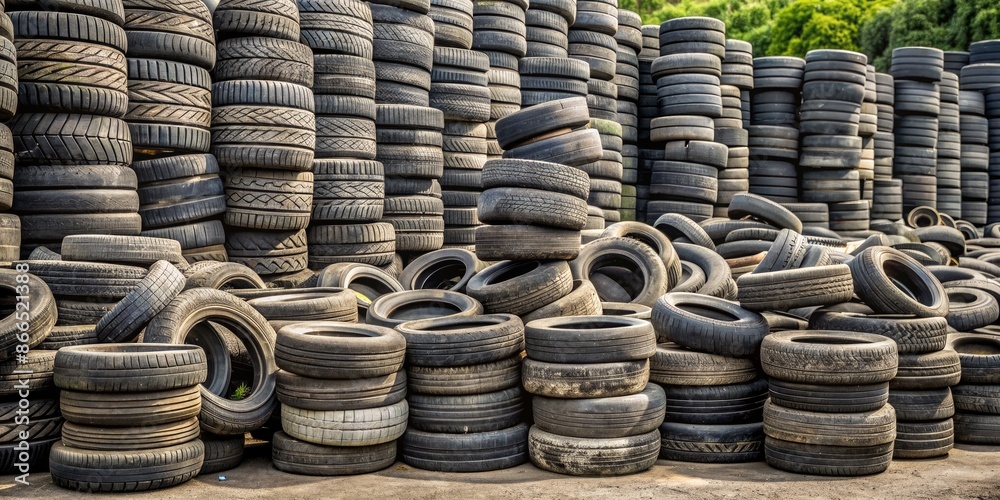 Large pile of old tires stacked outdoors. Large pile of old tires stacked outdoors.