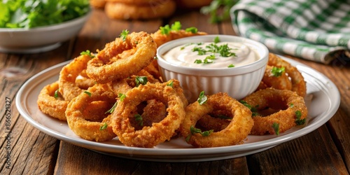 Crispy fried onion rings with dipping sauce.