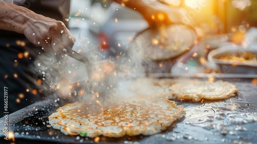 A street food vendor is cooking a large pancake on a hot griddle.