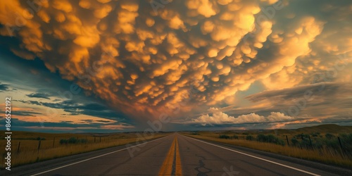 Mammatus clouds over the beautiful sunset empty road photo