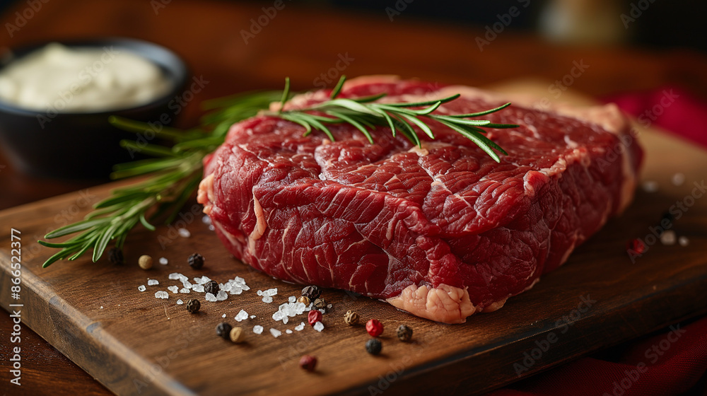 A large chunk of lean and fat beef, On a red cloth, Bright lighting. A large chunk of lean and fat beef, On a red cloth, Bright lighting.