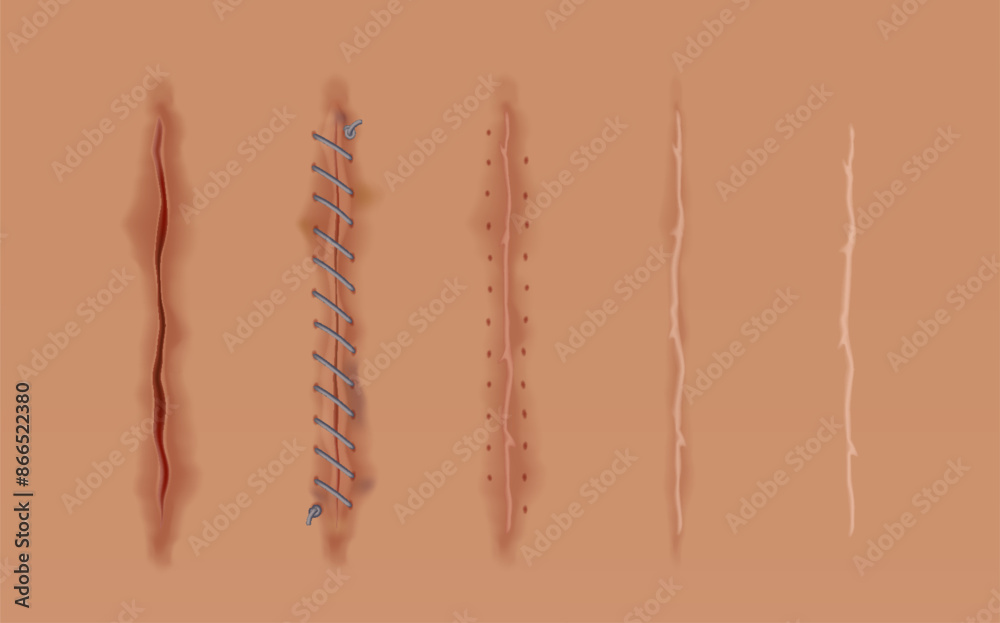 Set of healing wounds, skin scars, stitched gash and cuts. Realistic surgical sutures, stitched wounds at different healing stages isolated on human skin background