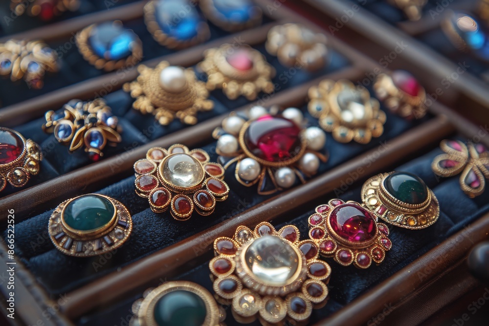 A close-up of a variety of elegant jewelry pieces, including rings and earrings, with detailed gemstone settings and intricate gold designs on a display table. A close-up of a variety of elegant jewelry pieces, including rings and earrings, with detailed gemstone settings and intricate gold designs on a display table.
