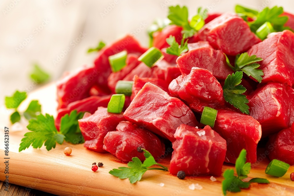 Fresh Raw Beef Cubes with Parsley and Spices on Wooden Cutting Board Fresh Raw Beef Cubes with Parsley and Spices on Wooden Cutting Board