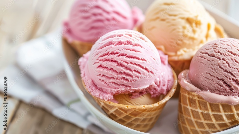 Colorful ice cream scoops in waffle cones. Delicious assortment of ice cream scoops in crispy waffle cones, perfect for summer treats and dessert menus. Colorful ice cream scoops in waffle cones. Delicious assortment of ice cream scoops in crispy waffle cones, perfect for summer treats and dessert menus.