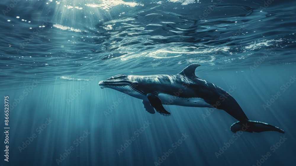 Obraz premium Whale swimming in sunlit ocean depths. Majestic whale gliding through clear blue water, illuminated by sun rays, showcasing the beauty of marine life.