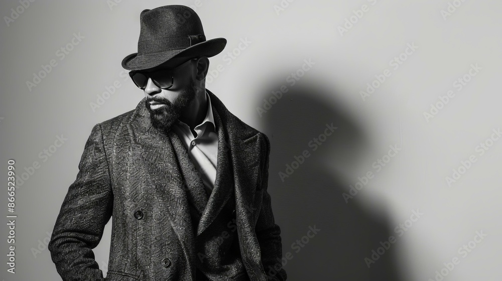 Stylish man in hat and coat black and white portrait. Black and white portrait of a stylish man in a hat, sunglasses, and coat, exuding confidence and sophistication.