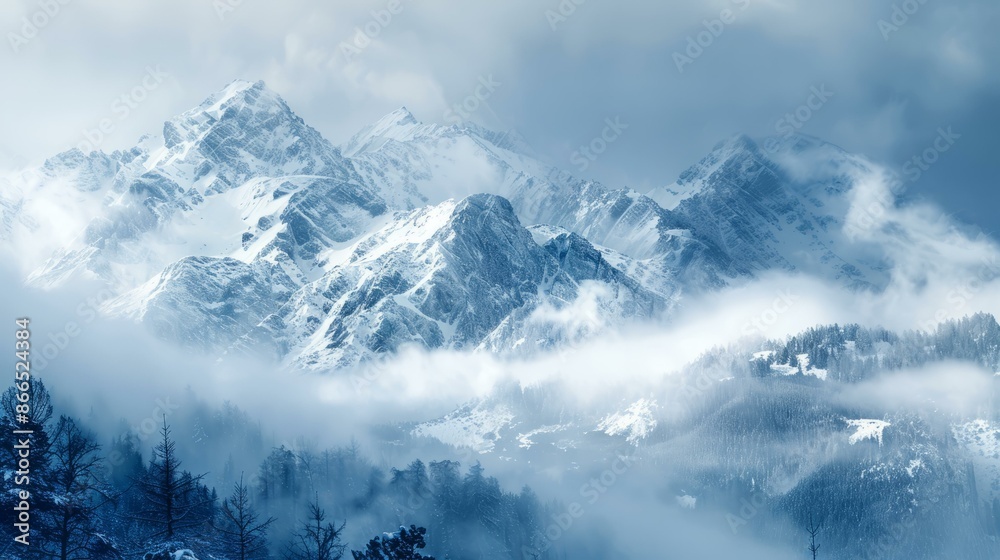 Majestic snow capped mountain peaks in clouds. Stunning winter landscape of a mountain range with snow covered peaks, shrouded in clouds, evoking a sense of awe and adventure.