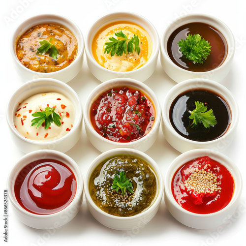 Variety of sauces in bowls, viewed from the top and side, isolated on a white background.