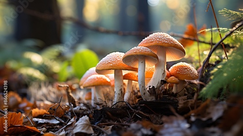 A close-up of mushrooms growing among fallen autumn leaves