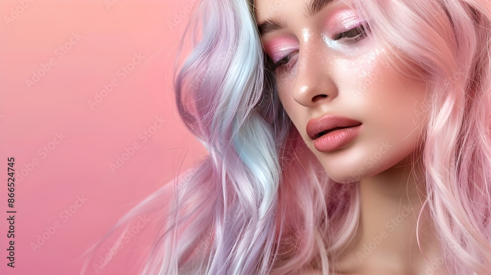 Elegant Model with Pastel Ombre Hair and Trendy Makeup in Vibrant Portrait Elegant Model with Pastel Ombre Hair and Trendy Makeup in Vibrant Portrait