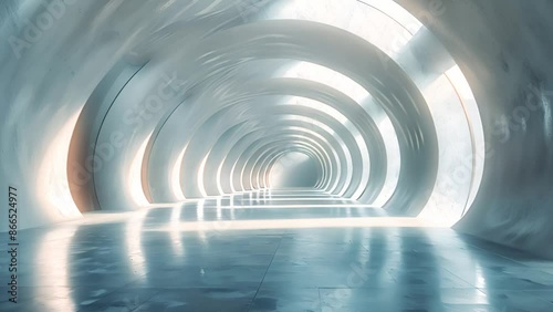 Wallpaper Mural An interior view of a circular tunnel with a reflective floor. Light streams in from the end of the tunnel, illuminating the space. Torontodigital.ca