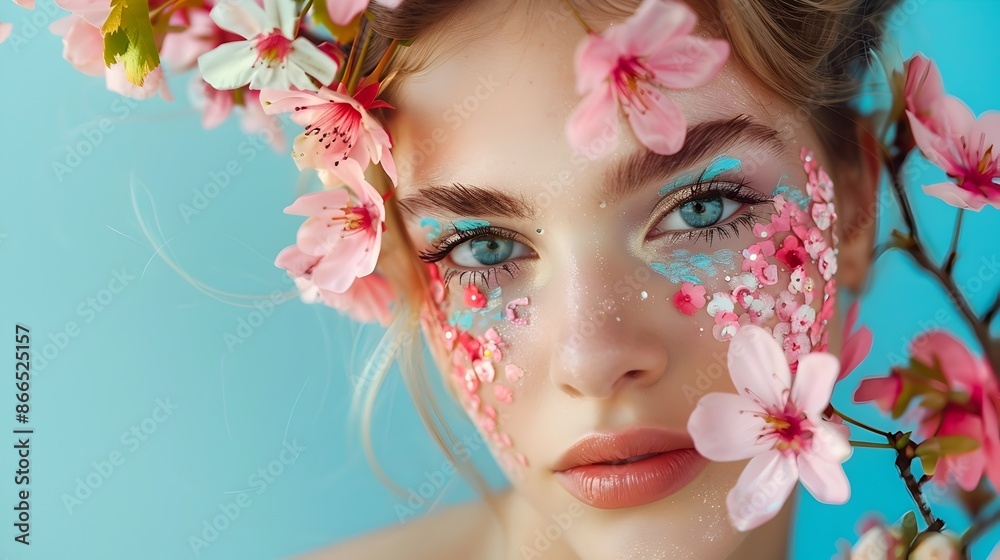 Naklejka premium Enchanting Floral-Painted Model Exudes Springtime Freshness