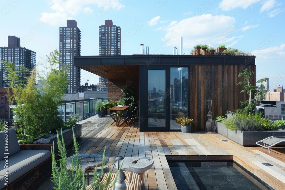 Fototapeta premium Chic rooftop patio with greenery, seating, and pool overlooking urban skyline
