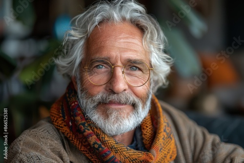 An elderly man with grey hair and wearing glasses sits comfortably, exuding wisdom, contentment, and a warm, inviting presence.