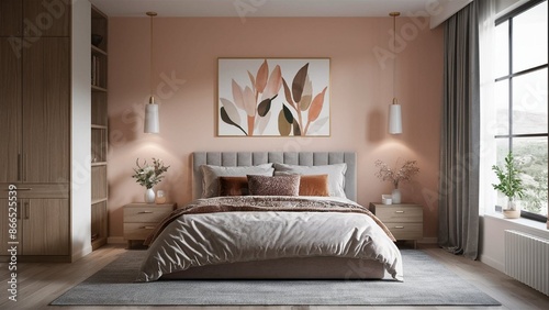 Modern bedroom interior design featuring warm blush walls and comfortable neutral bedding for contemporary real estate marketing.