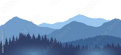 Foggy mountains landscape background. Smoky and rocky panorama with mountains skyline and pine tree forest silhouettes. Scenery with slopes, vector cartoon illustration