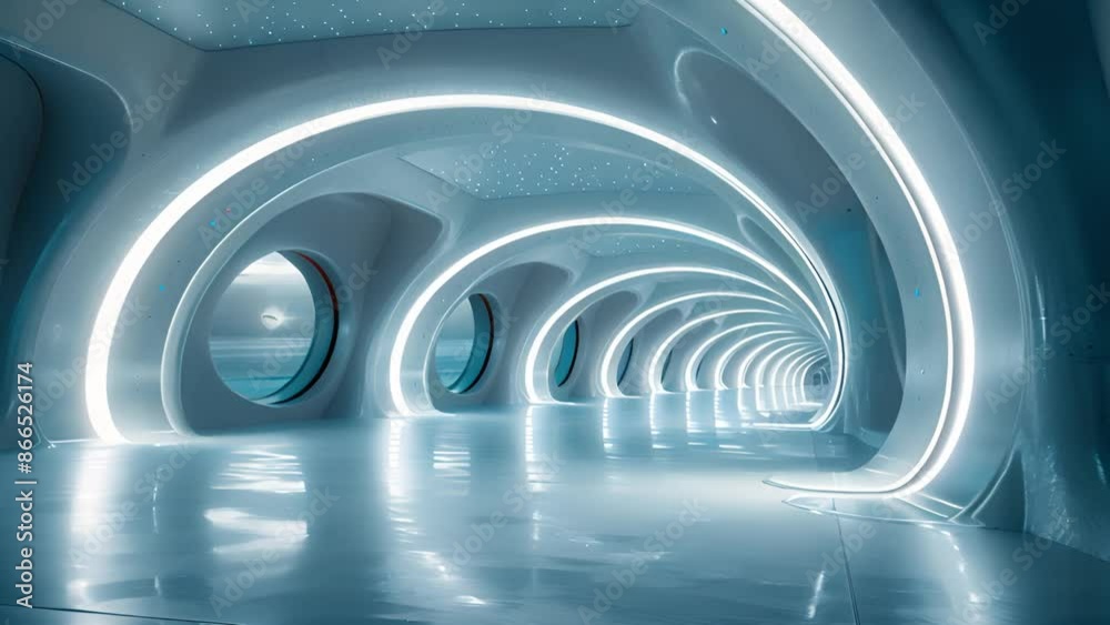 An interior view of a futuristic tunnel featuring white lights, smooth white walls, and a series of circular windows.