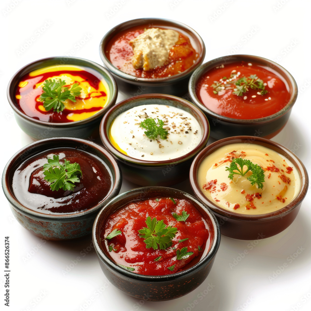 Variety of sauces in bowls, viewed from the top and side, isolated on a white background. Variety of sauces in bowls, viewed from the top and side, isolated on a white background.