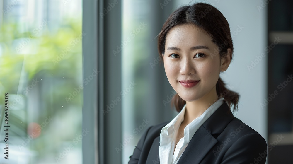 Portrait of a beautiful smiling Asian business woman in a modern office, wearing a black suit and white shirt standing at a window with a blurred background, looking at the camera in a close up portra Portrait of a beautiful smiling Asian business woman in a modern office, wearing a black suit and white shirt standing at a window with a blurred background, looking at the camera in a close up portra