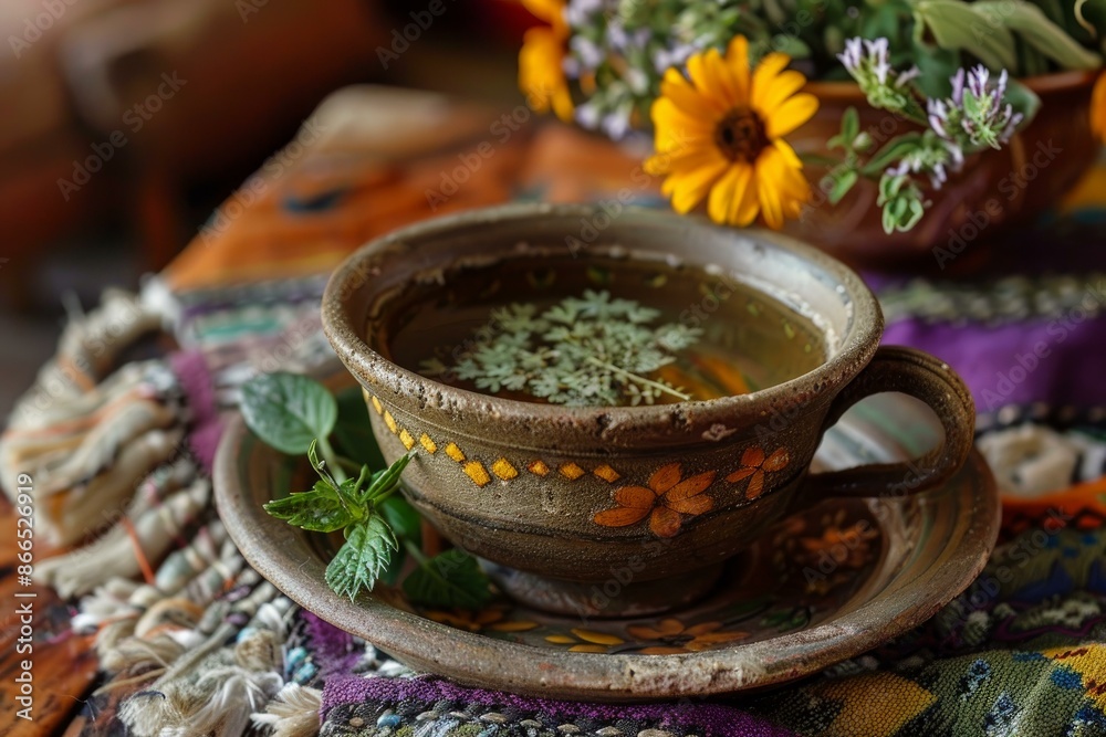 Cozy herbal tea in a handpainted cup with fresh herbs, surrounded by vibrant flowers Cozy herbal tea in a handpainted cup with fresh herbs, surrounded by vibrant flowers
