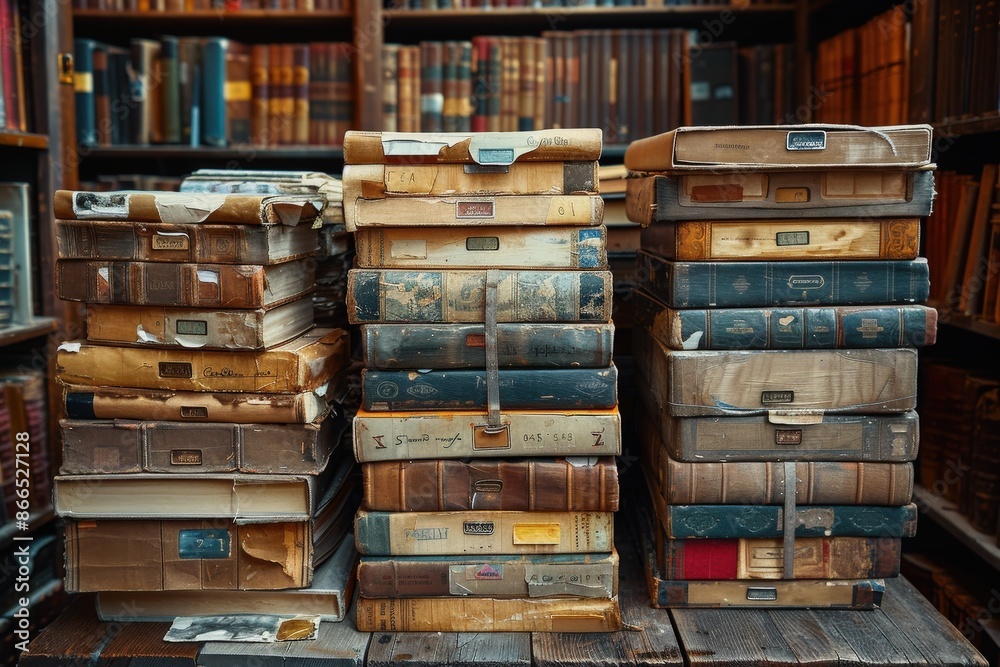A collection of tattered, old books stacked high on a wooden table in a dimly lit library, highlighting the texture and age of their covers, spines, and pages in a cozy setting. A collection of tattered, old books stacked high on a wooden table in a dimly lit library, highlighting the texture and age of their covers, spines, and pages in a cozy setting.