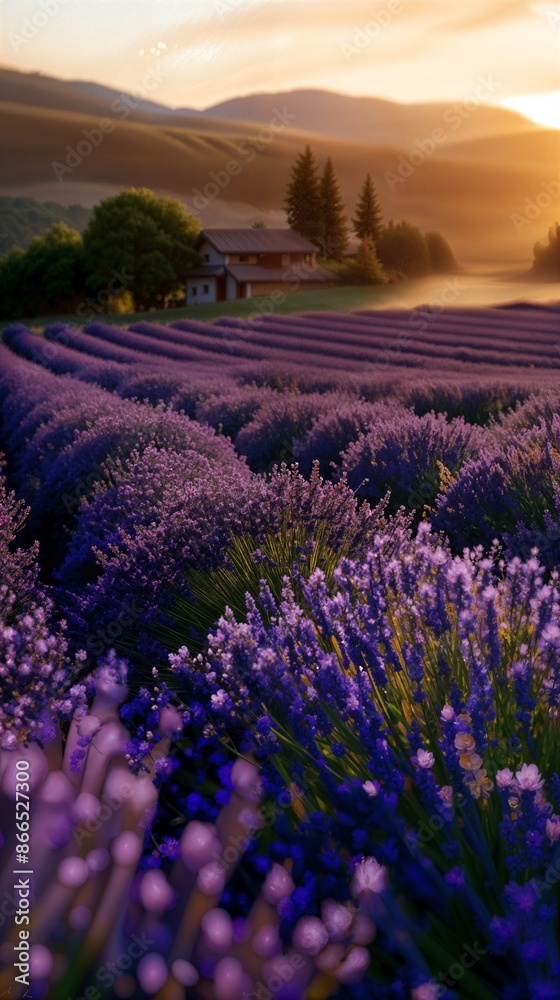 Naklejka premium a field of lavender flowers with a sunset in the background