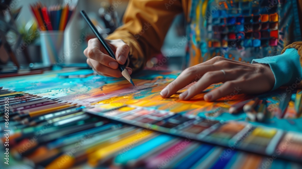 A designer is using color swatches and a graphic tablet to create design elements for their website A designer is using color swatches and a graphic tablet to create design elements for their website