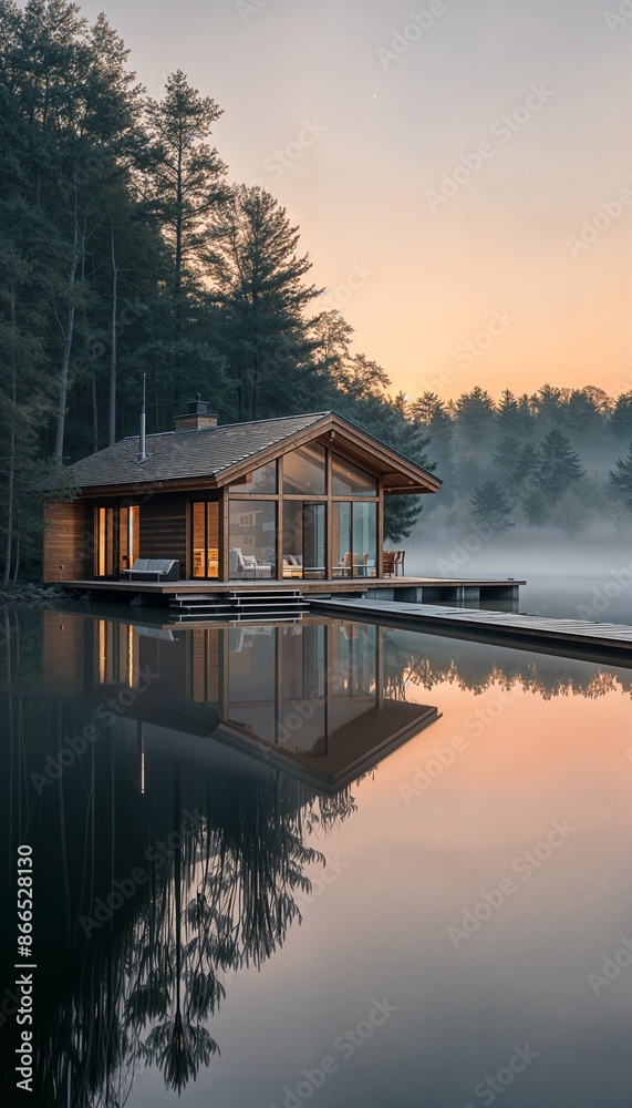 Obraz premium a house sitting on top of a lake next to a forest