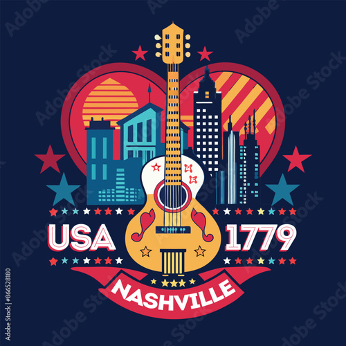 Nashville Nightscape, Vibrant city lights, iconic guitar riffs, and soulful melodies - Nashville’s heartbeat