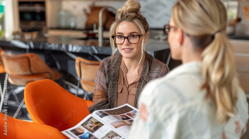 A photo of an interior designer presenting her color and furniture mood board to the customer in their modern kitchen A photo of an interior designer presenting her color and furniture mood board to the customer in their modern kitchen