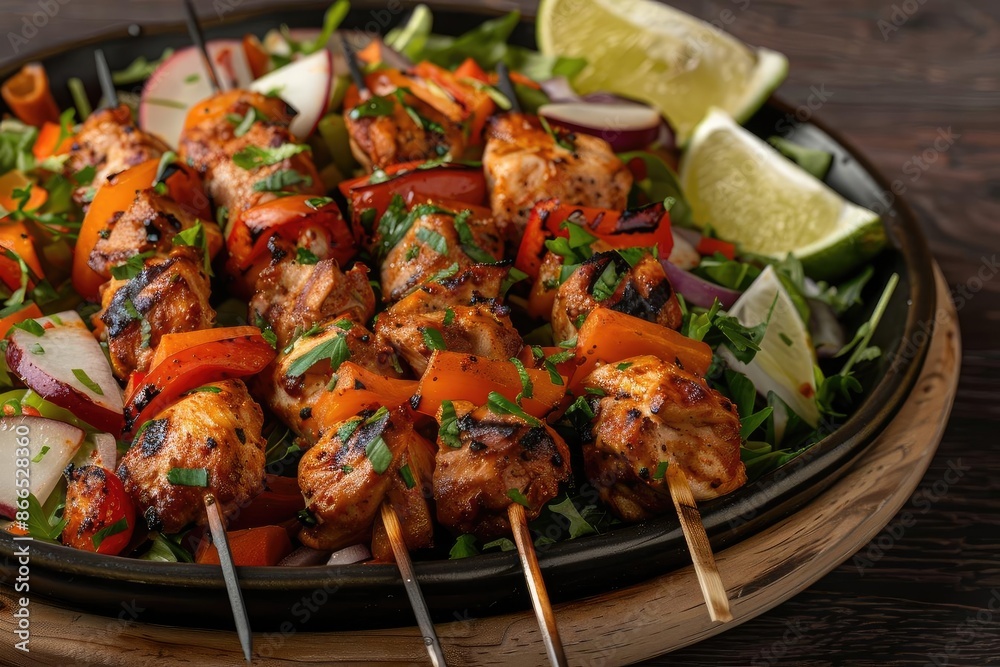 Delicious grilled chicken skewers with colorful vegetables served on a plate, garnished with fresh herbs and lime wedges. Delicious grilled chicken skewers with colorful vegetables served on a plate, garnished with fresh herbs and lime wedges.